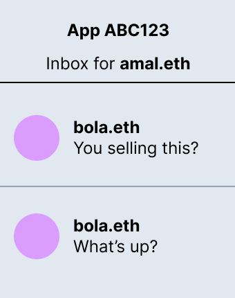 Mockup of App ABC123 with no conversation ID or filtering. The app displays amal.eth&#39;s inbox with two conversations with bola.eth: One &quot;What&#39;s up?&quot; and one &quot;You selling this?&quot;